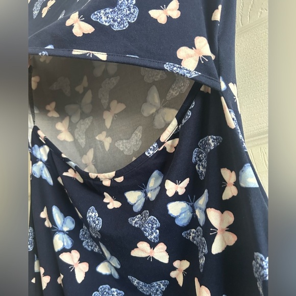 Popular 21 Beautiful Navy Butterfly Print Dress with Midriff Slit Sz Med EUC - Picture 3 of 5